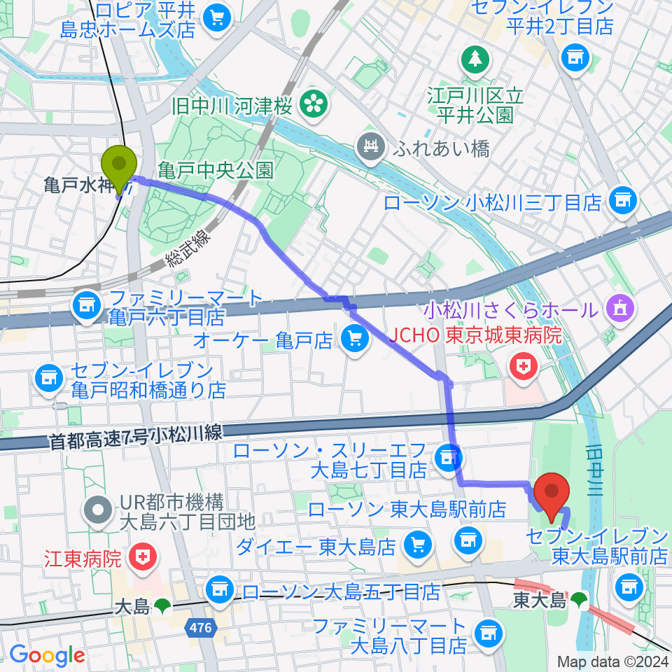 亀戸水神駅から大島小松川公園小野球場へのルートマップ地図