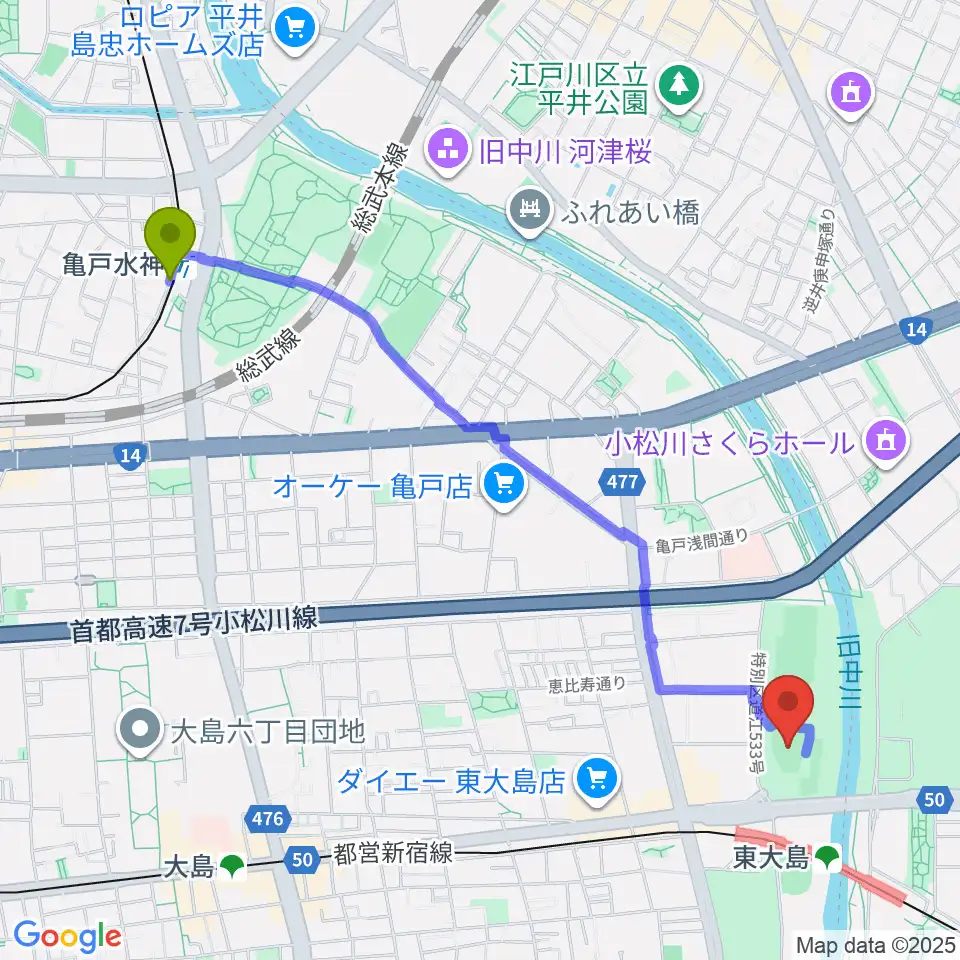 亀戸水神駅から大島小松川公園小野球場へのルートマップ地図