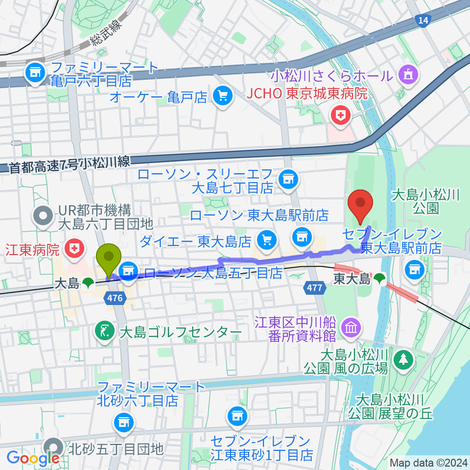 大島駅から大島小松川公園小野球場へのルートマップ地図