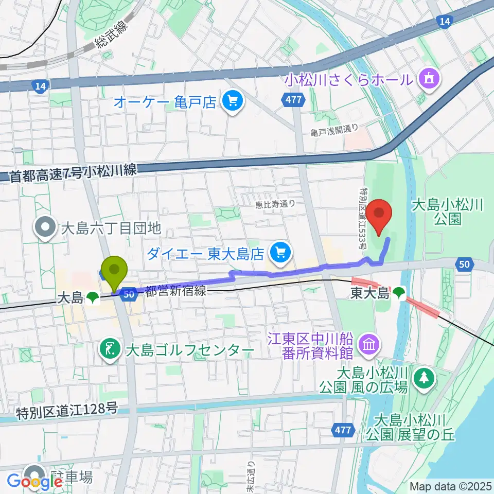 大島駅から大島小松川公園小野球場へのルートマップ地図