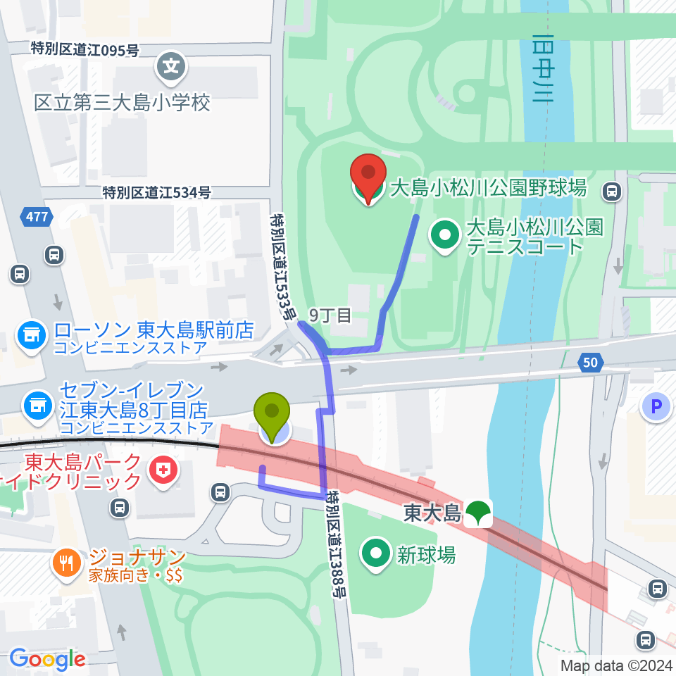 大島小松川公園小野球場の最寄駅東大島駅からの徒歩ルート（約3分）地図