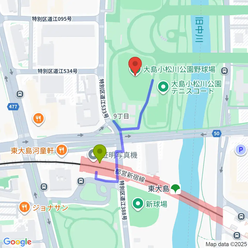 大島小松川公園小野球場の最寄駅東大島駅からの徒歩ルート（約3分）地図
