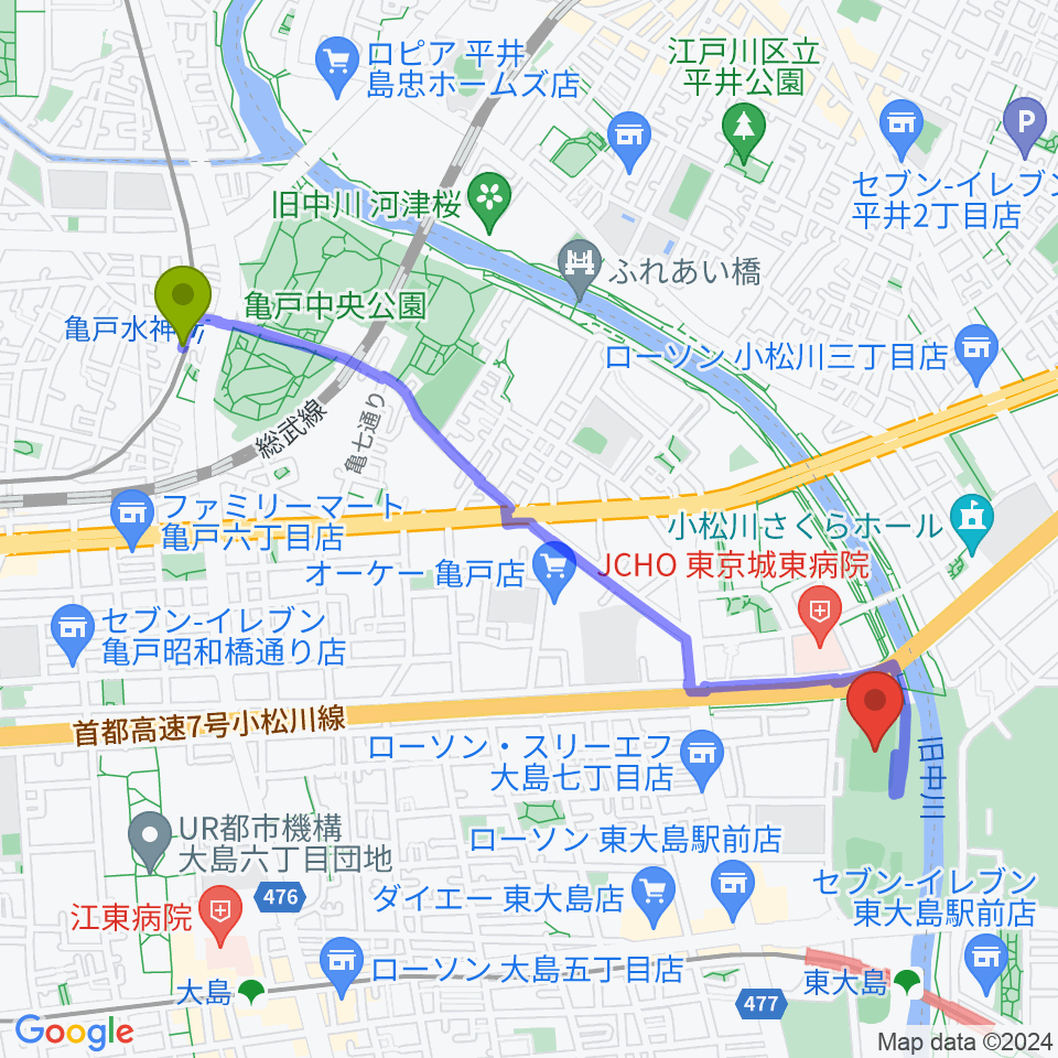 亀戸水神駅から大島小松川公園サッカー場へのルートマップ地図