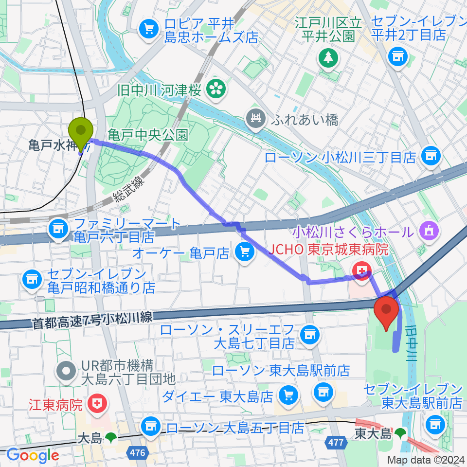 亀戸水神駅から大島小松川公園サッカー場へのルートマップ地図