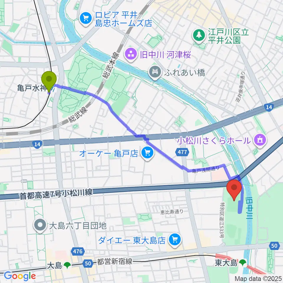 亀戸水神駅から大島小松川公園サッカー場へのルートマップ地図