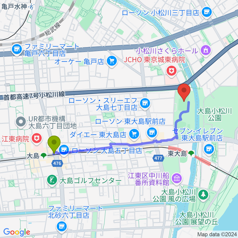 大島駅から大島小松川公園サッカー場へのルートマップ地図