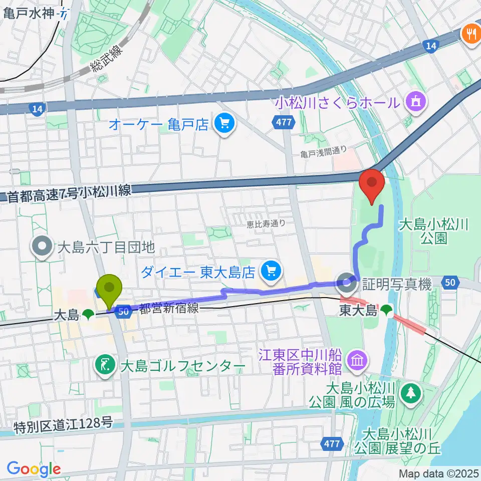 大島駅から大島小松川公園サッカー場へのルートマップ地図