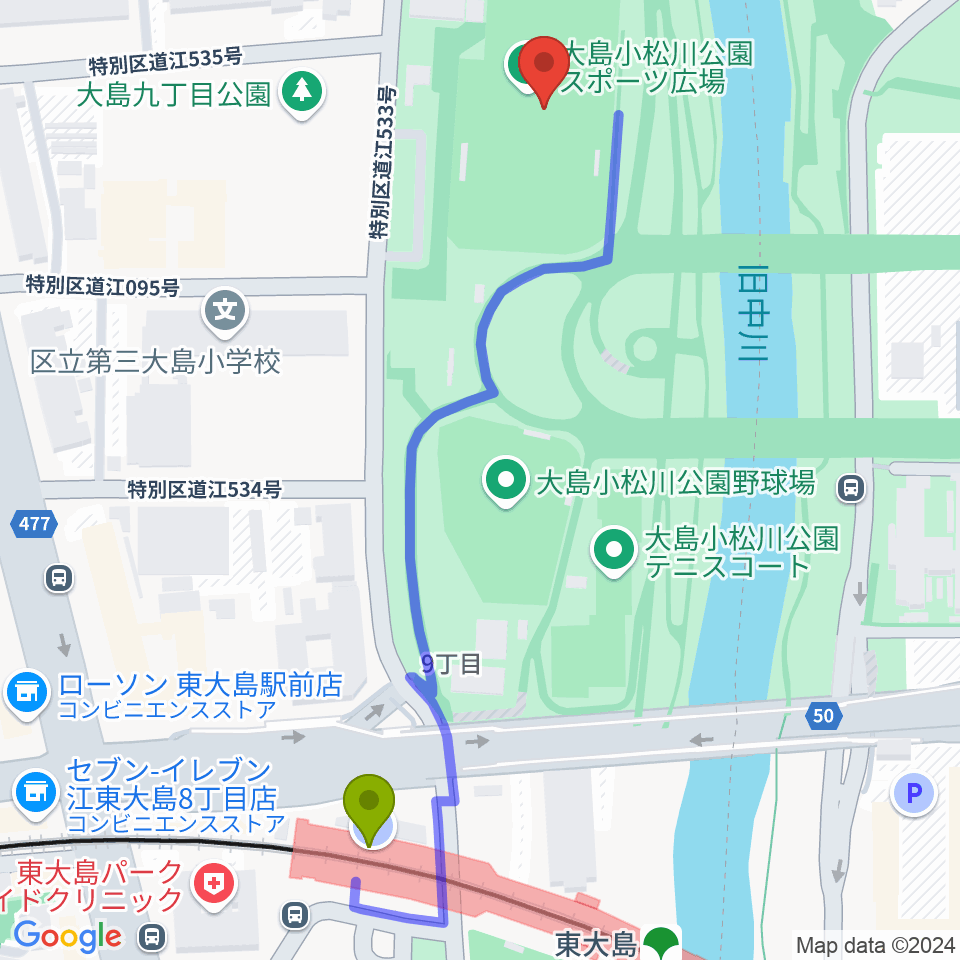 大島小松川公園サッカー場の最寄駅東大島駅からの徒歩ルート（約6分）地図