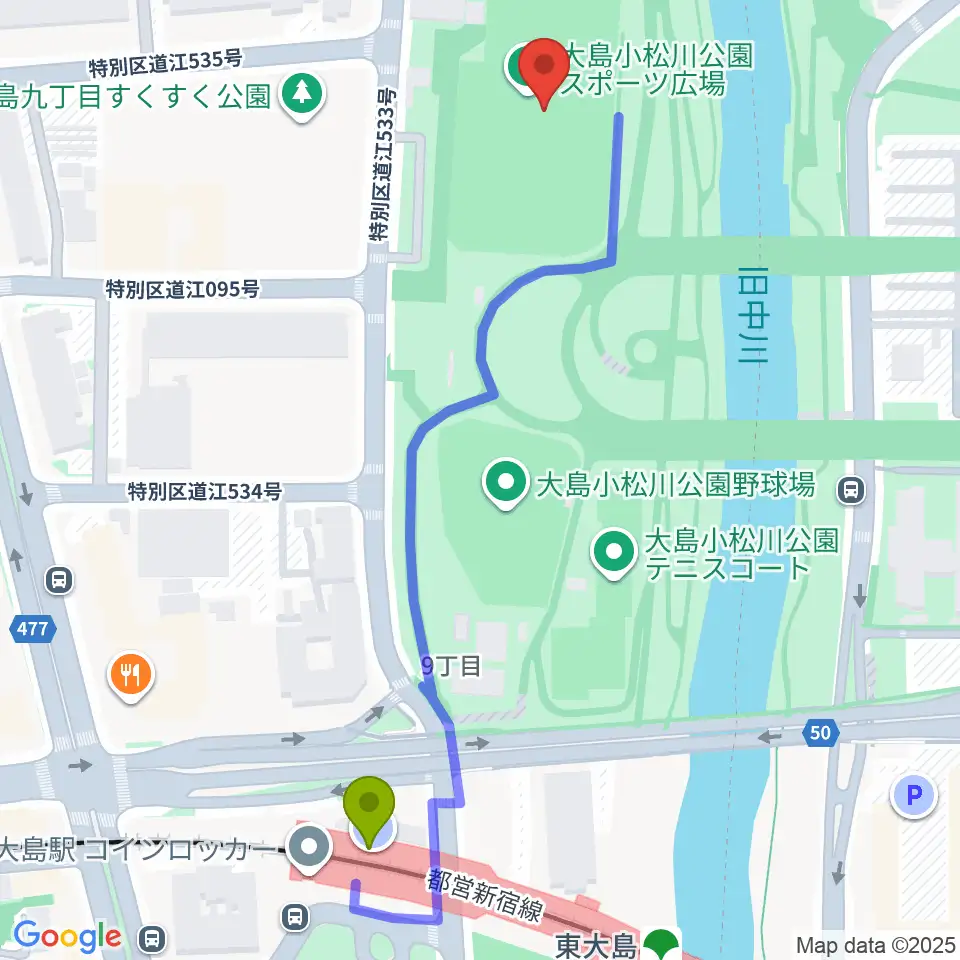 大島小松川公園サッカー場の最寄駅東大島駅からの徒歩ルート（約6分）地図