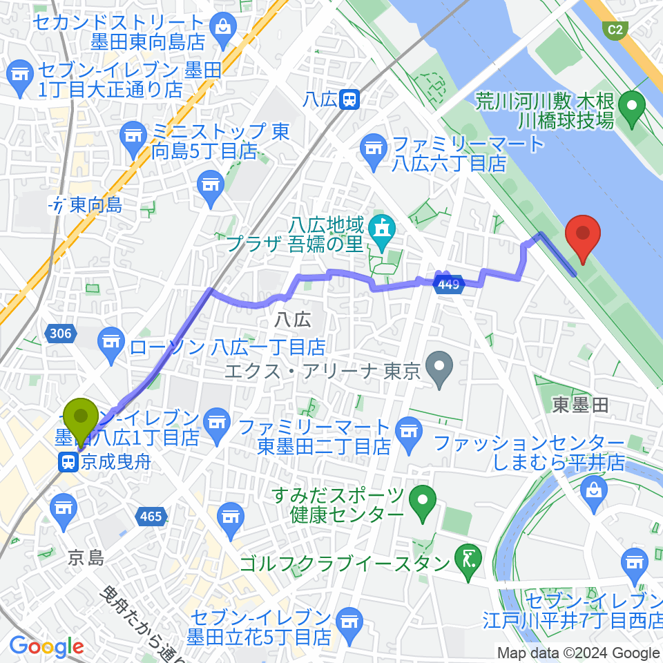 京成曳舟駅から荒川四ツ木橋緑地少年サッカー場へのルートマップ地図