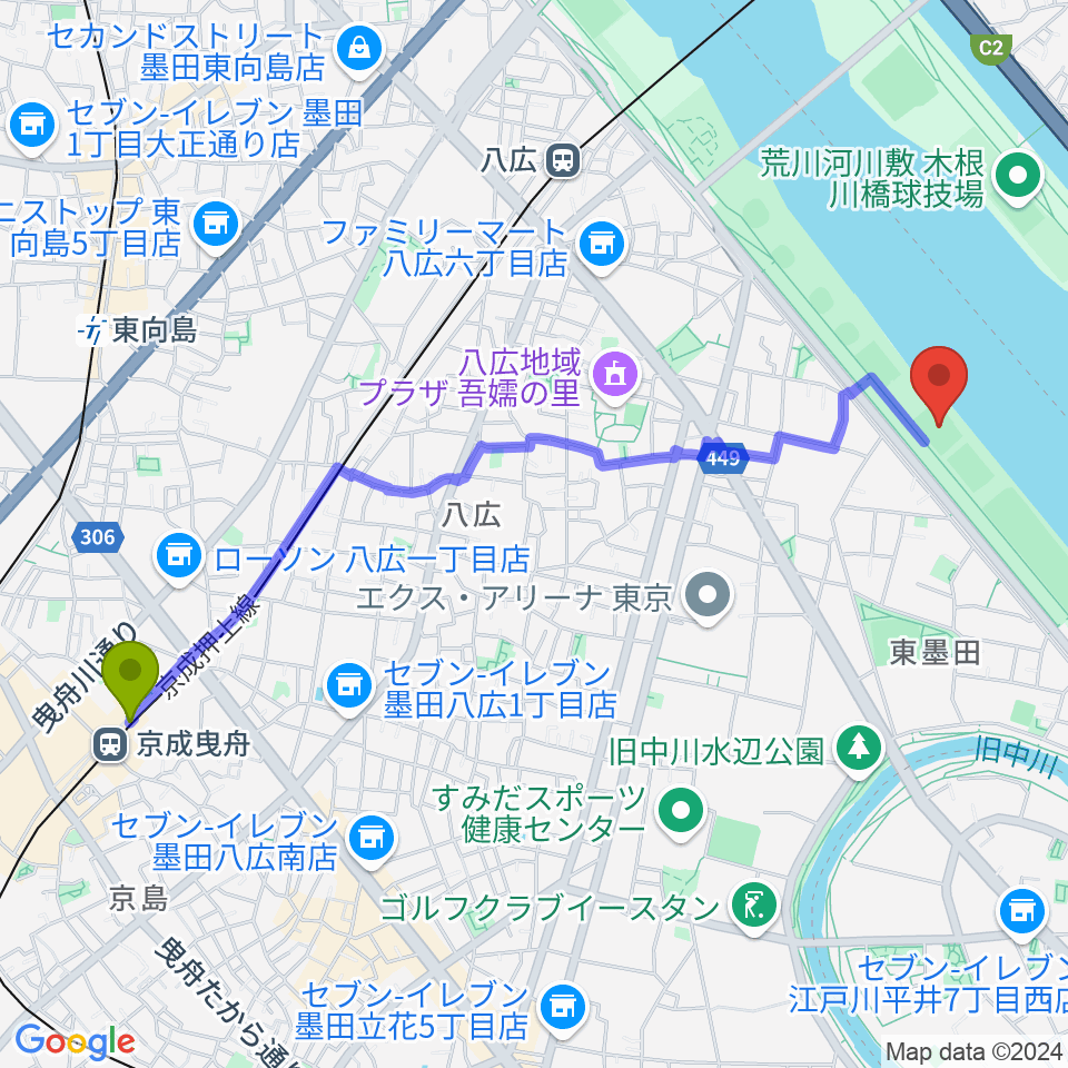 京成曳舟駅から荒川四ツ木橋緑地少年サッカー場へのルートマップ地図