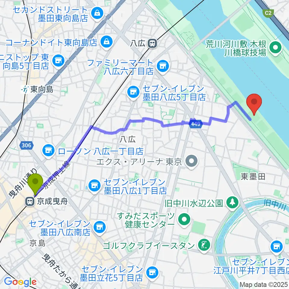 京成曳舟駅から荒川四ツ木橋緑地少年サッカー場へのルートマップ地図