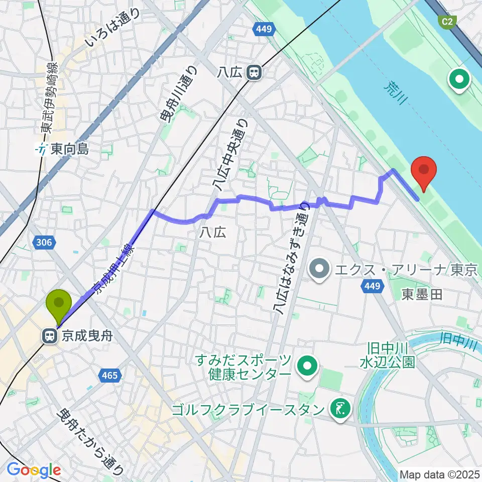 京成曳舟駅から荒川四ツ木橋緑地少年サッカー場へのルートマップ地図