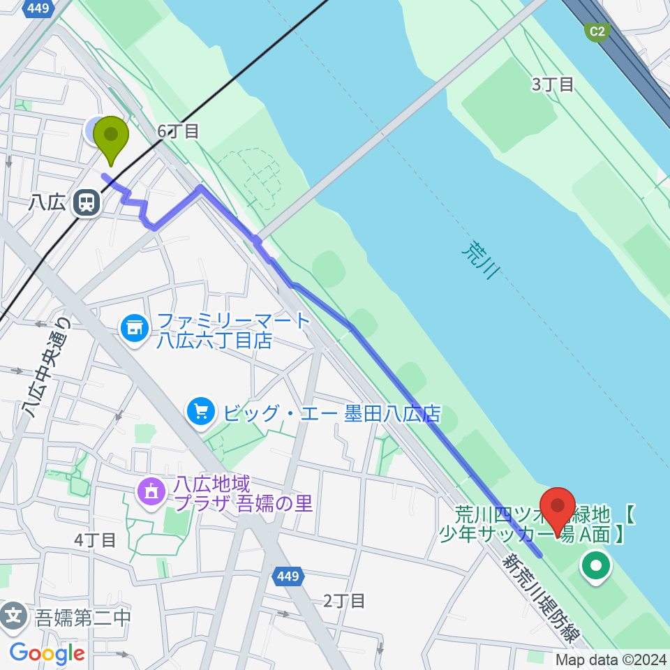 荒川四ツ木橋緑地少年サッカー場の最寄駅八広駅からの徒歩ルート（約13分）地図