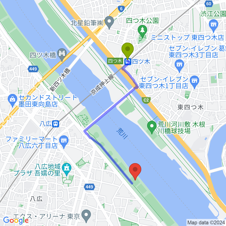 四ツ木駅から荒川四ツ木橋緑地少年サッカー場へのルートマップ地図