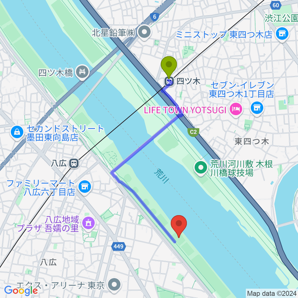 四ツ木駅から荒川四ツ木橋緑地少年サッカー場へのルートマップ地図