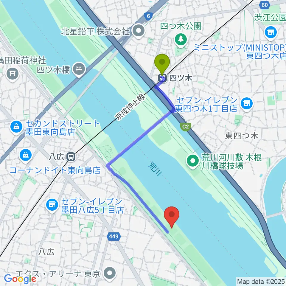 四ツ木駅から荒川四ツ木橋緑地少年サッカー場へのルートマップ地図