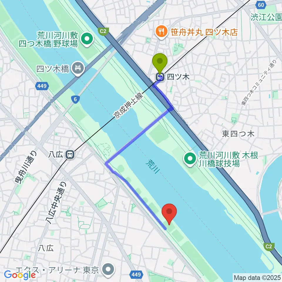 四ツ木駅から荒川四ツ木橋緑地少年サッカー場へのルートマップ地図