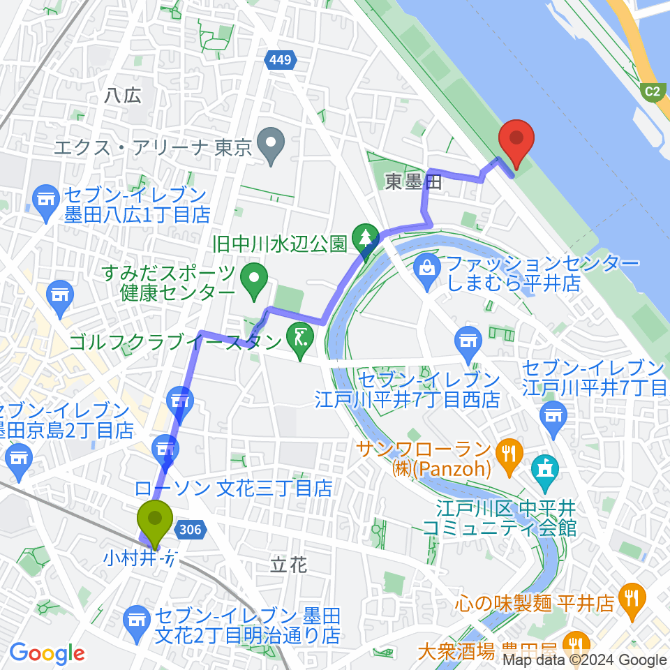 小村井駅から荒川四ツ木橋緑地少年野球場へのルートマップ地図