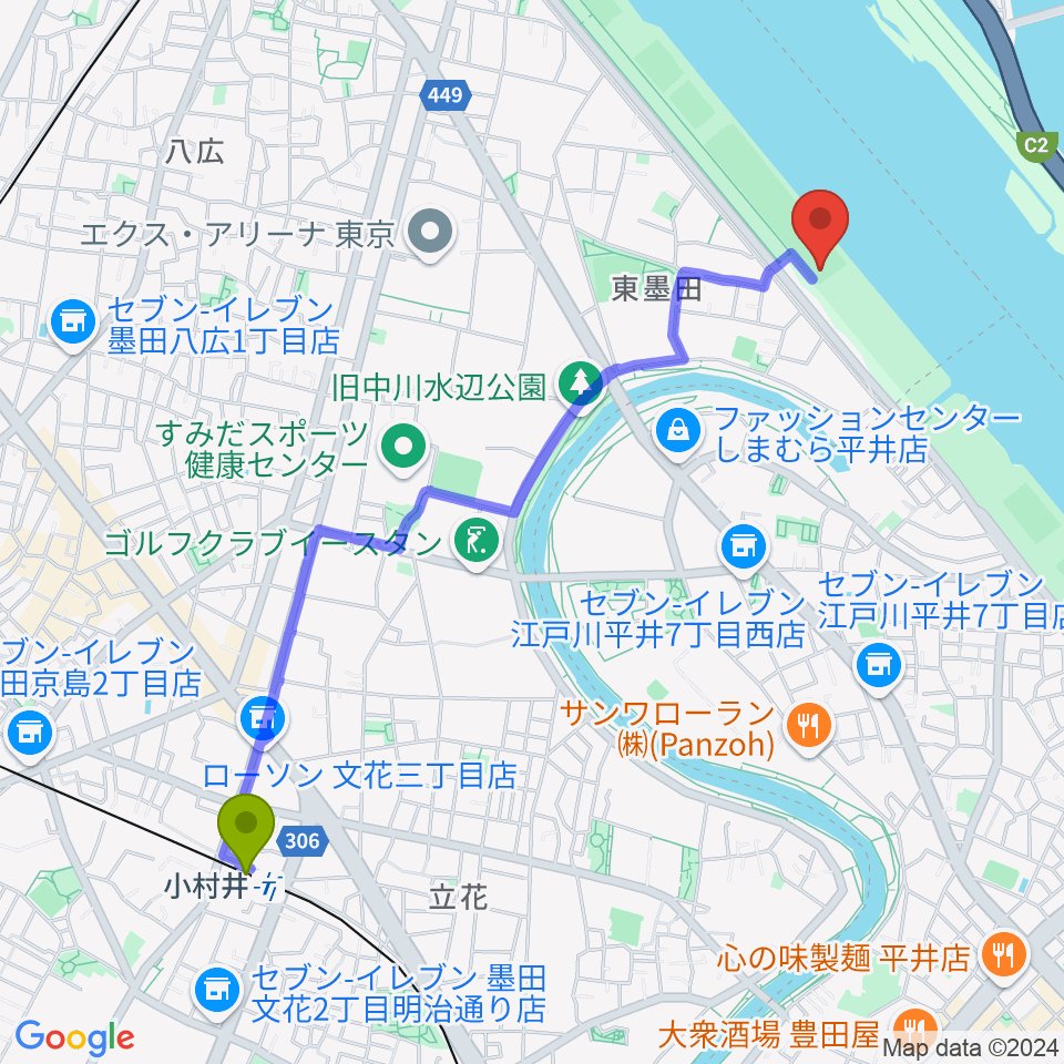 小村井駅から荒川四ツ木橋緑地少年野球場へのルートマップ地図