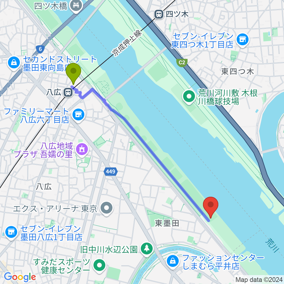 荒川四ツ木橋緑地少年野球場の最寄駅八広駅からの徒歩ルート（約21分）地図