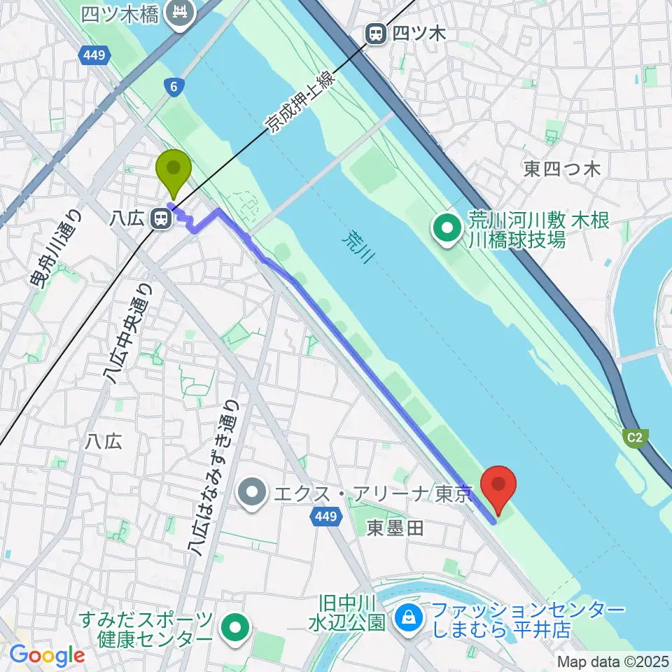 荒川四ツ木橋緑地少年野球場の最寄駅八広駅からの徒歩ルート（約21分）地図