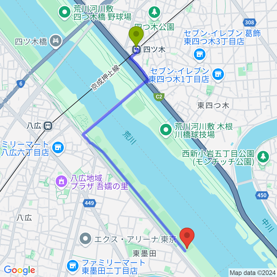 四ツ木駅から荒川四ツ木橋緑地少年野球場へのルートマップ地図