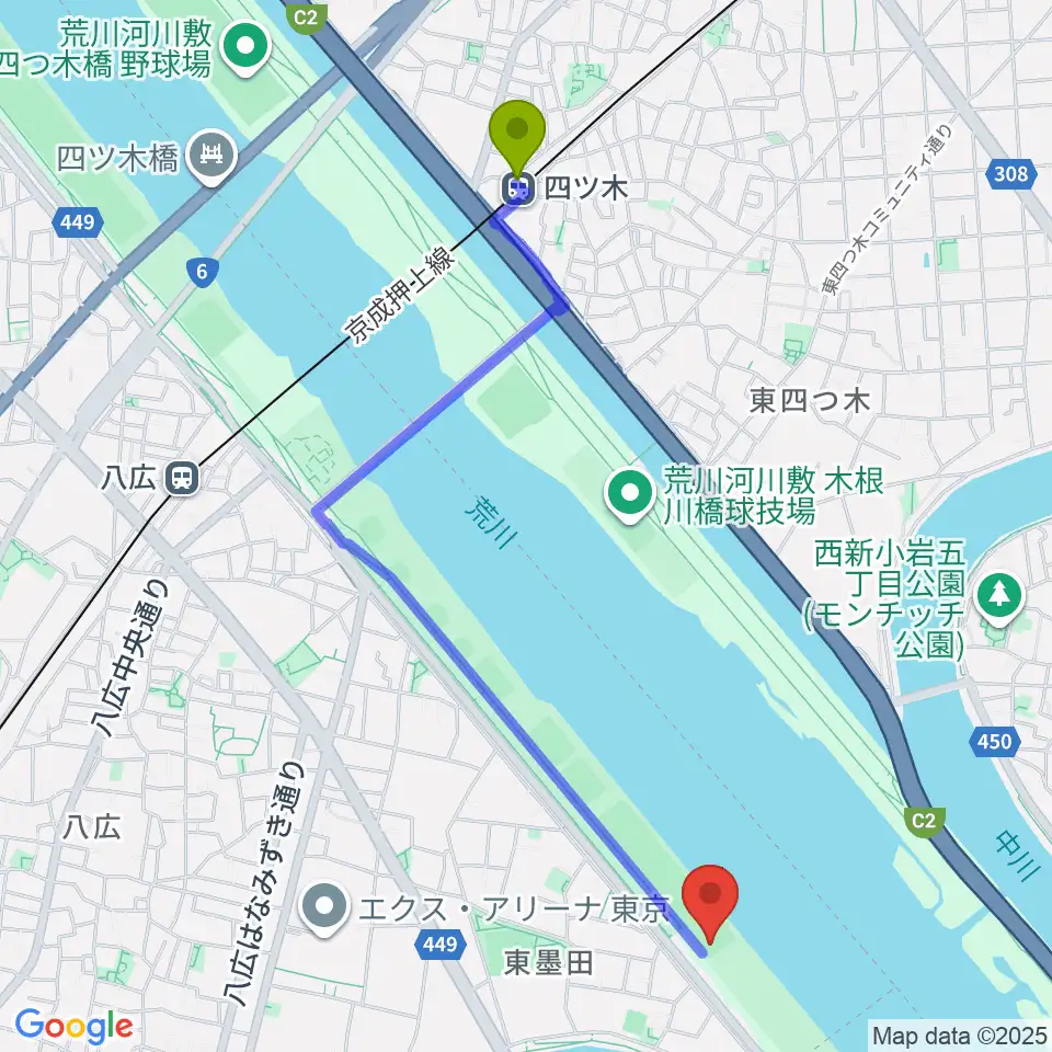 四ツ木駅から荒川四ツ木橋緑地少年野球場へのルートマップ地図
