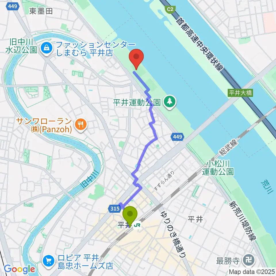 平井少年野球場の最寄駅平井駅からの徒歩ルート（約18分）地図