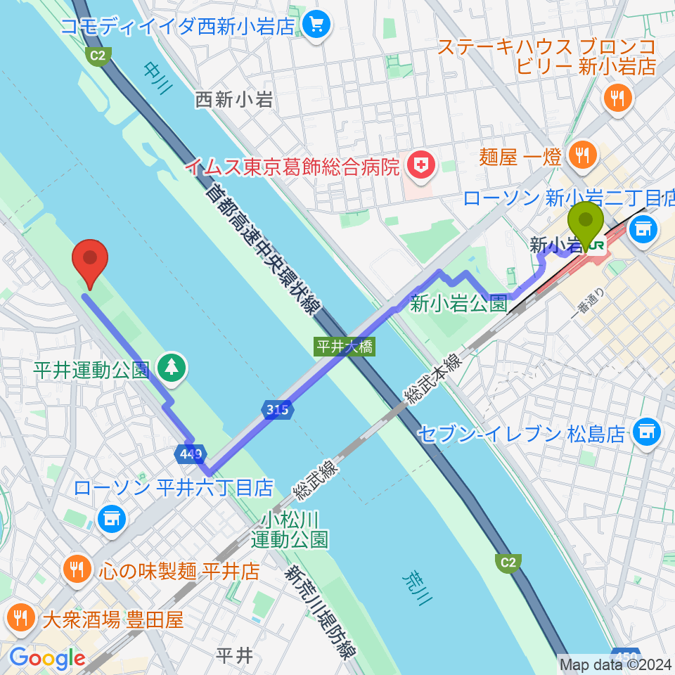 新小岩駅から平井少年野球場へのルートマップ地図