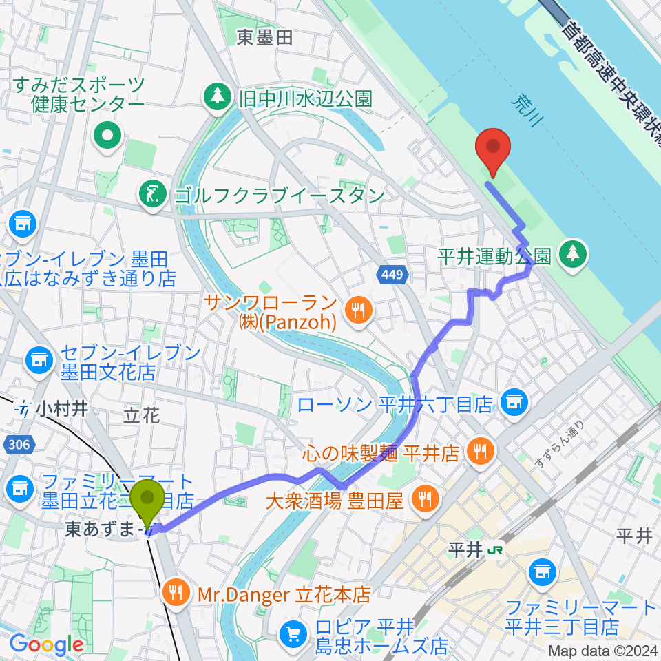 東あずま駅から平井少年野球場へのルートマップ地図