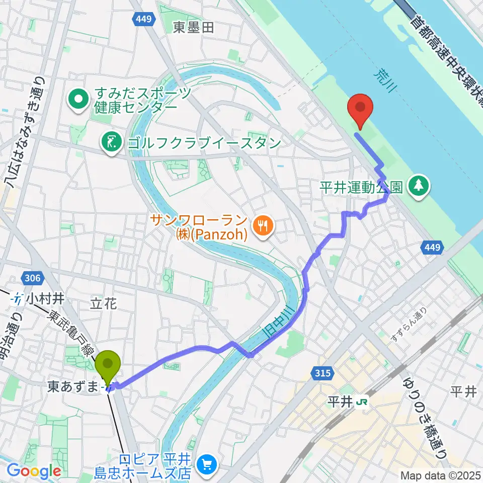 東あずま駅から平井少年野球場へのルートマップ地図