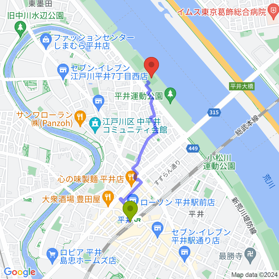 平井少年サッカー場の最寄駅平井駅からの徒歩ルート（約16分）地図