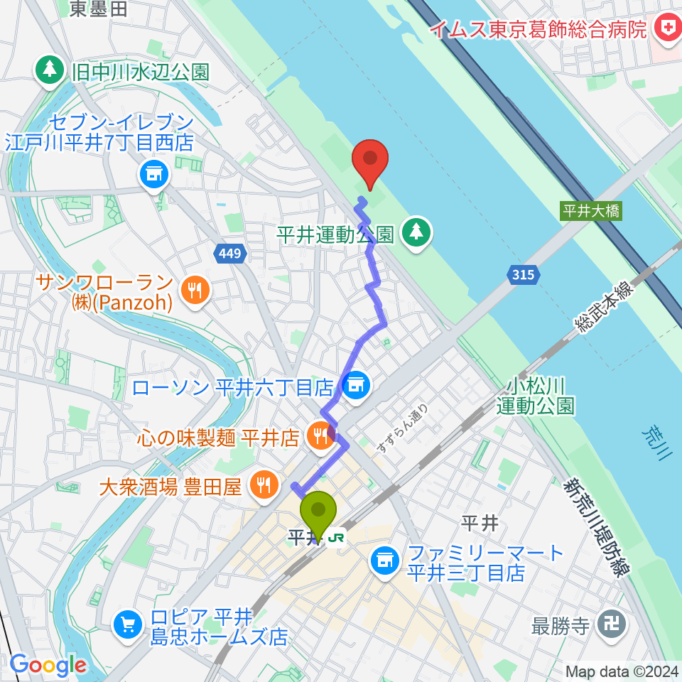 平井少年サッカー場の最寄駅平井駅からの徒歩ルート（約16分）地図