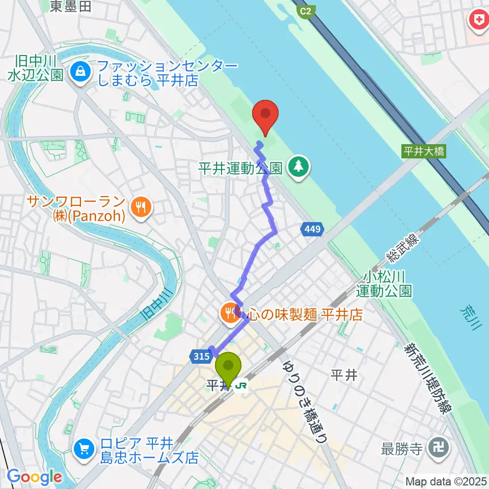 平井少年サッカー場の最寄駅平井駅からの徒歩ルート（約16分）地図