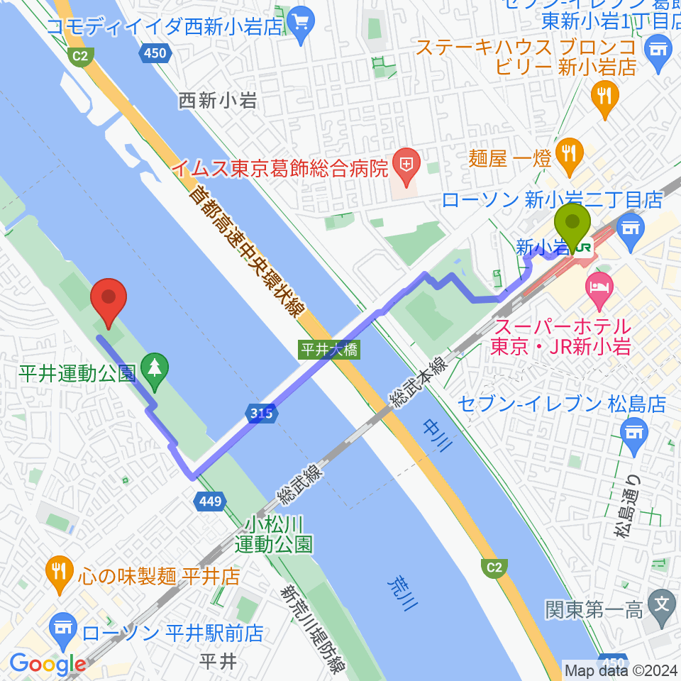 新小岩駅から平井少年サッカー場へのルートマップ地図