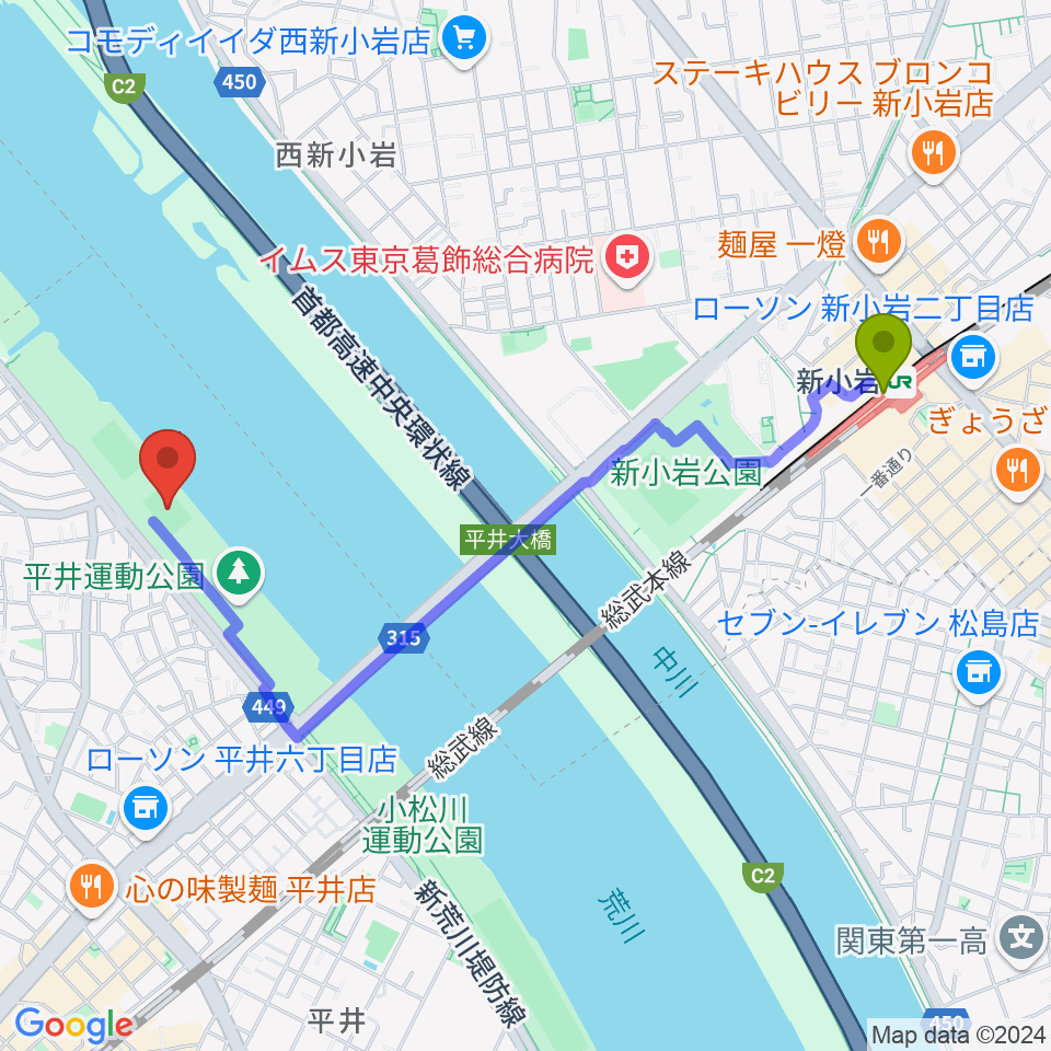 新小岩駅から平井少年サッカー場へのルートマップ地図