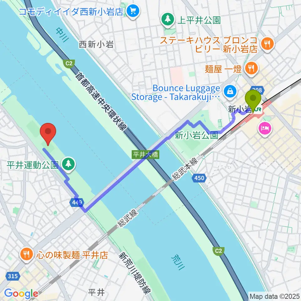 新小岩駅から平井少年サッカー場へのルートマップ地図