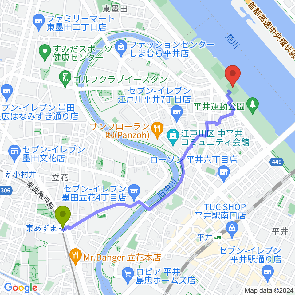 東あずま駅から平井少年サッカー場へのルートマップ地図