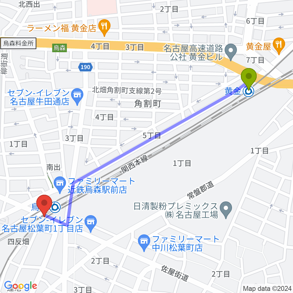 黄金駅からスタジオベティックス烏森駅前店へのルートマップ地図