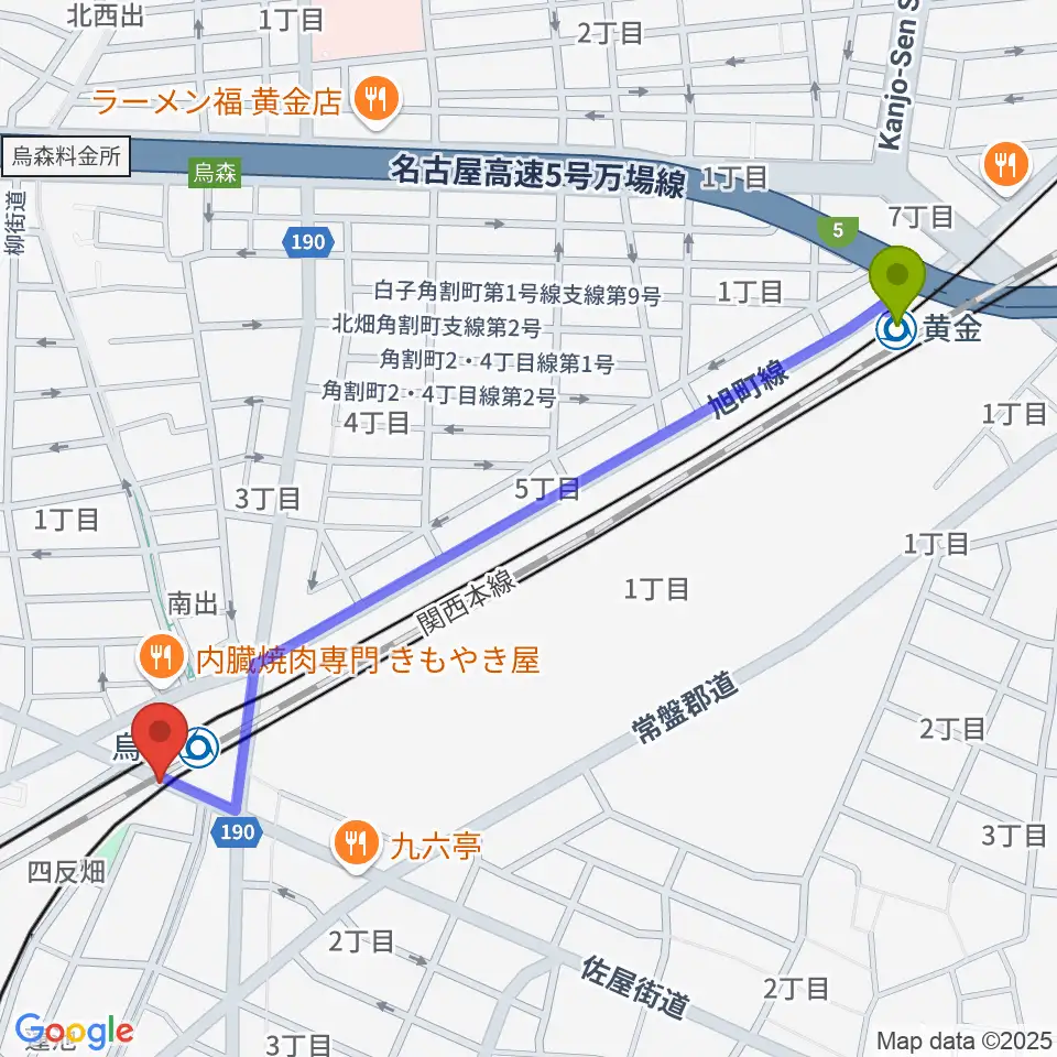 黄金駅からスタジオベティックス烏森駅前店へのルートマップ地図