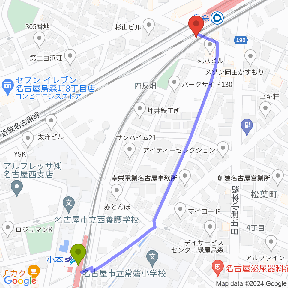 小本駅からスタジオベティックス烏森駅前店へのルートマップ地図