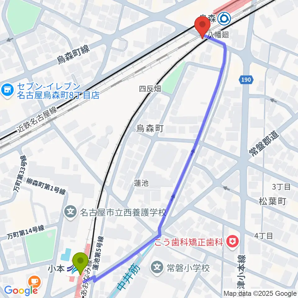 小本駅からスタジオベティックス烏森駅前店へのルートマップ地図