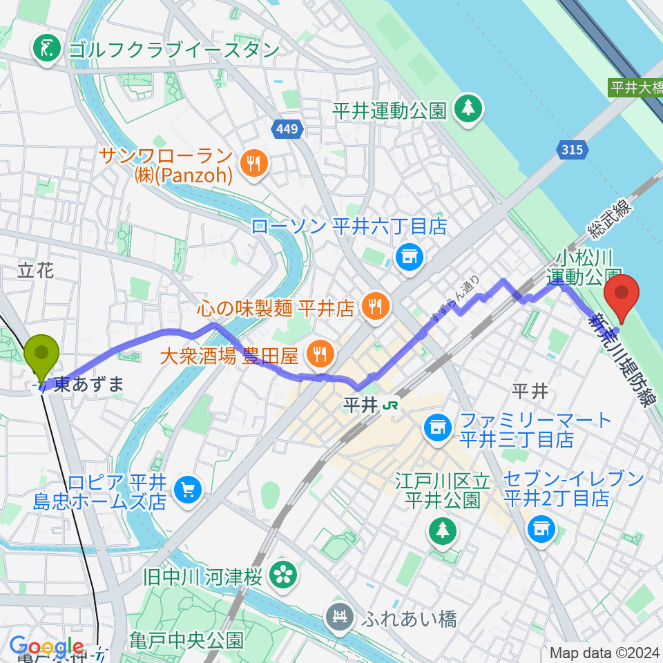 東あずま駅から小松川ソフトボール場へのルートマップ地図