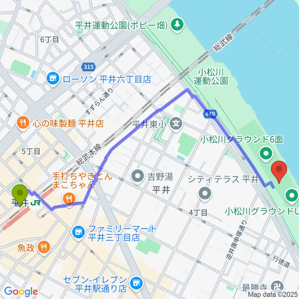 小松川少年野球場の最寄駅平井駅からの徒歩ルート（約14分）地図