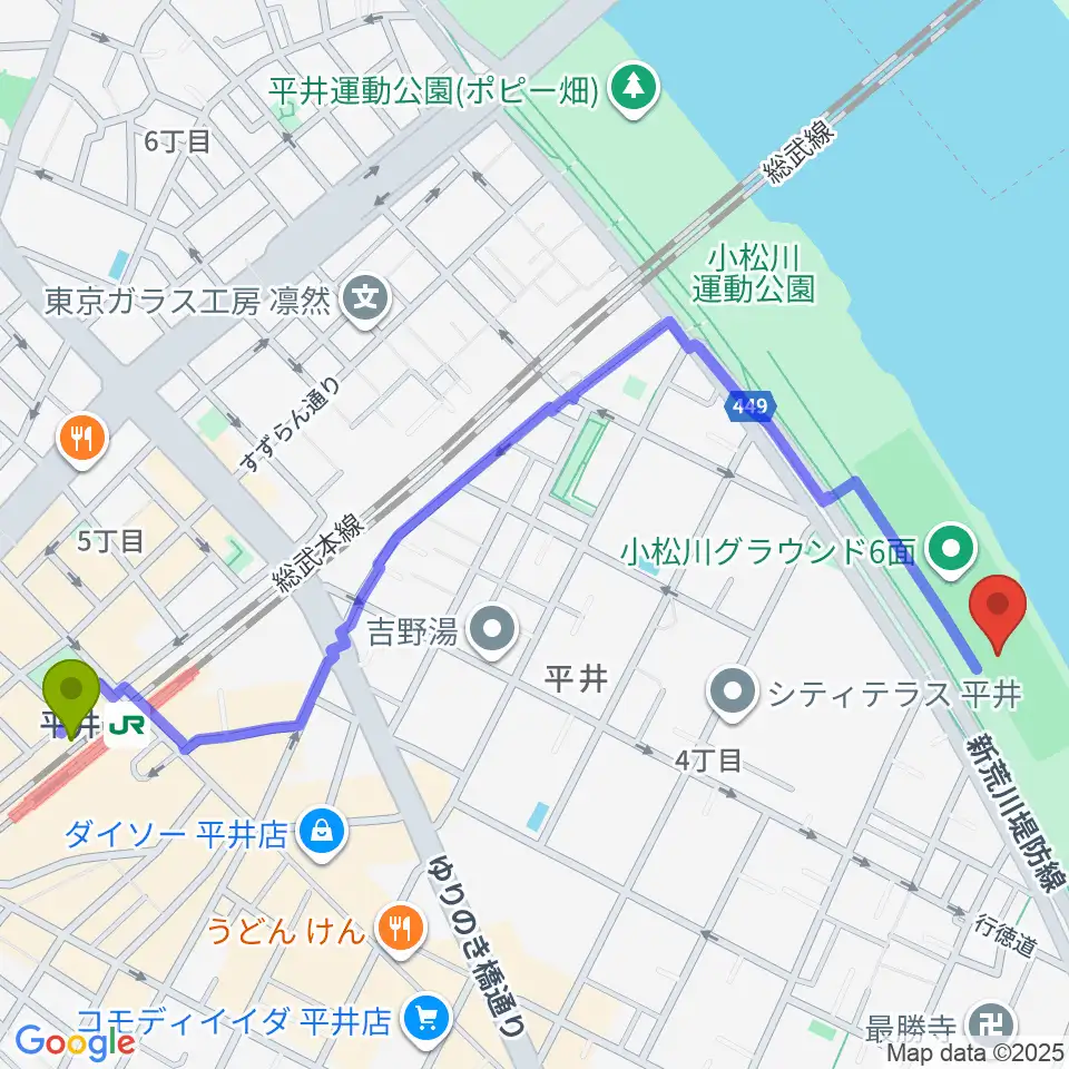 小松川少年野球場の最寄駅平井駅からの徒歩ルート（約14分）地図