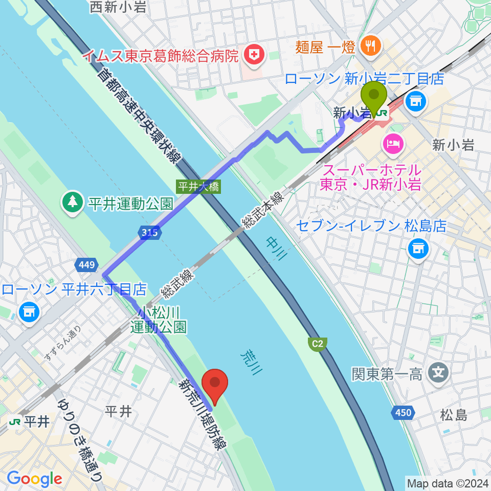 新小岩駅から小松川少年野球場へのルートマップ地図