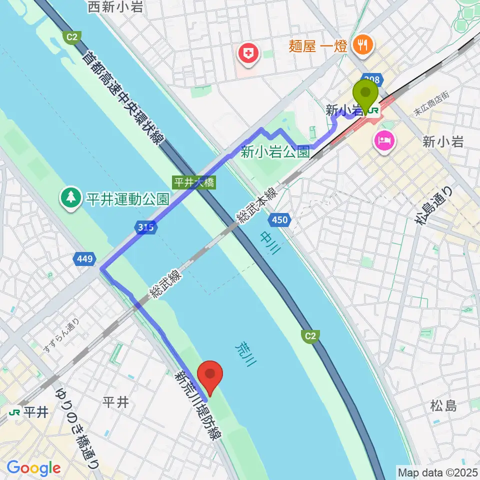 新小岩駅から小松川少年野球場へのルートマップ地図