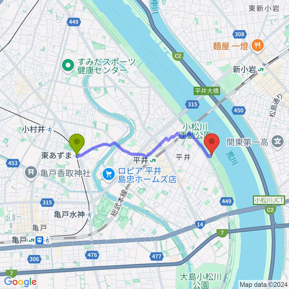 東あずま駅から小松川少年野球場へのルートマップ地図