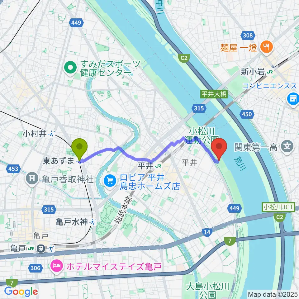 東あずま駅から小松川少年野球場へのルートマップ地図